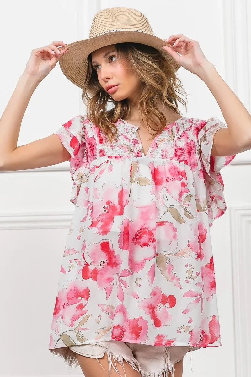 BiBi Floral Print Flutter Sheer Top