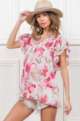 BiBi Floral Print Flutter Sheer Top