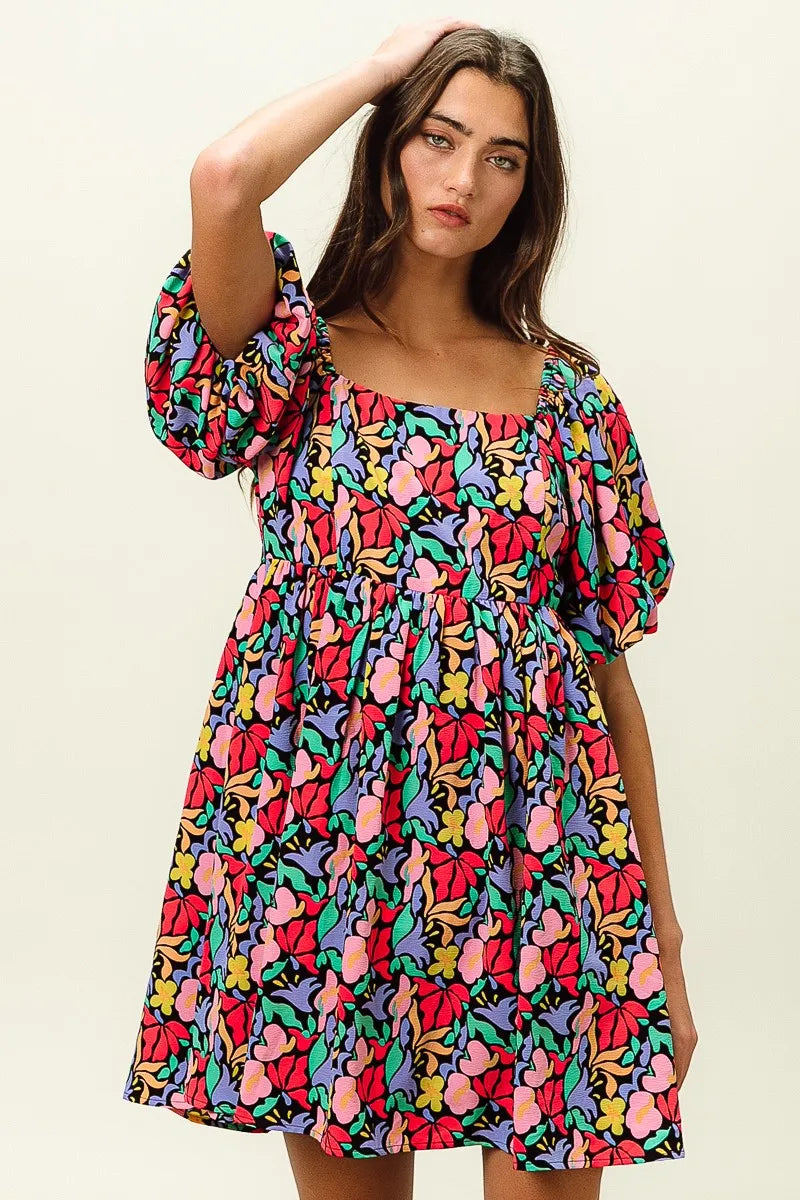 BiBi Floral Print Puff Square Neck Dress