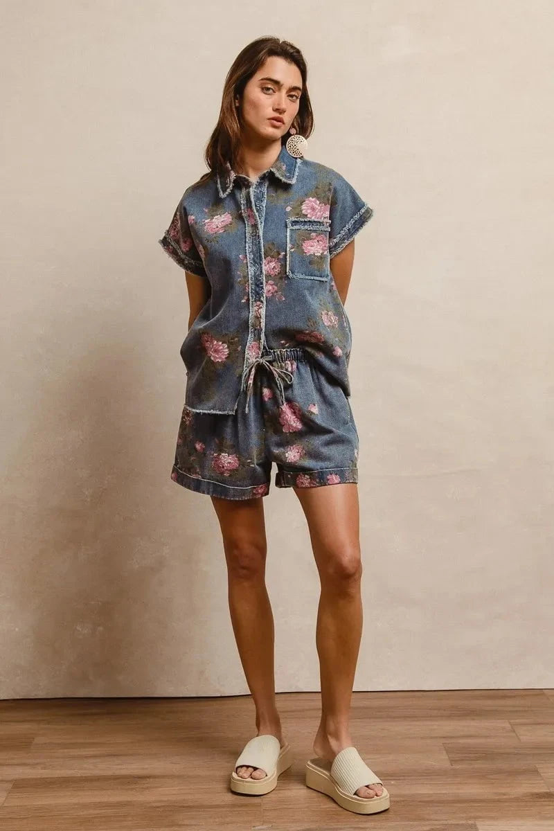 BiBi Floral Printed Denim Short Pants With Pocket