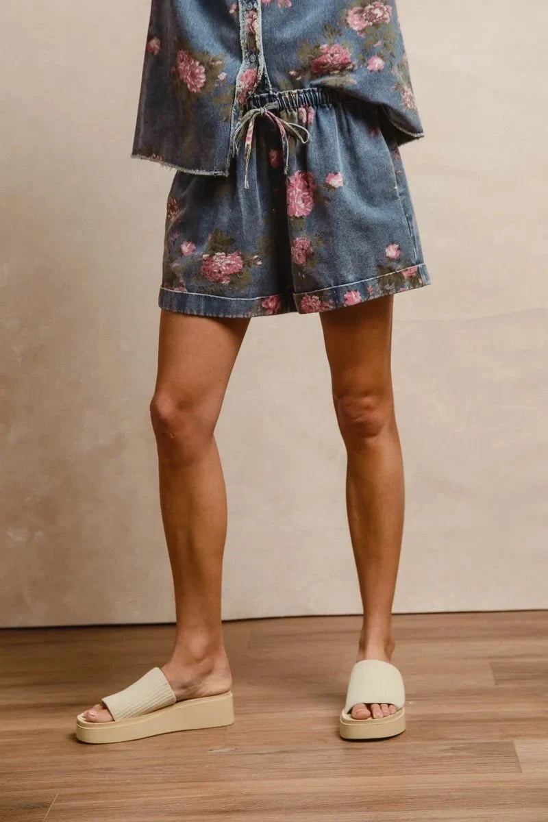 BiBi Floral Printed Denim Short Pants With Pocket