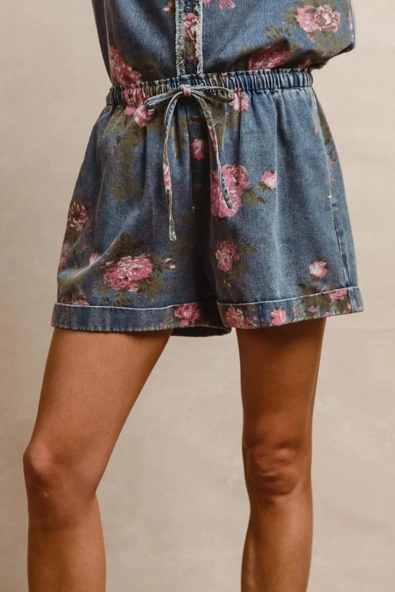 BiBi Floral Printed Denim Short Pants With Pocket DENIM / S