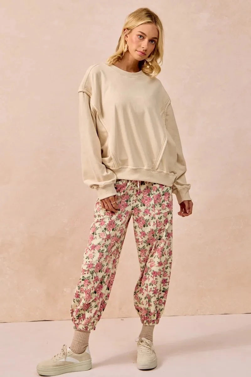 BiBi Floral Printed Twill Drawstring Pants With Elastic Band