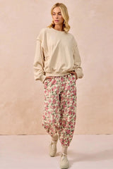 BiBi Floral Printed Twill Drawstring Pants With Elastic Band