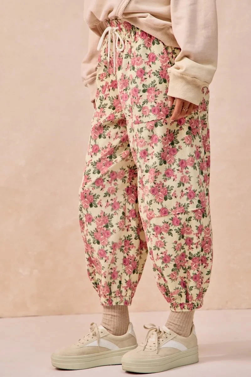 BiBi Floral Printed Twill Drawstring Pants With Elastic Band
