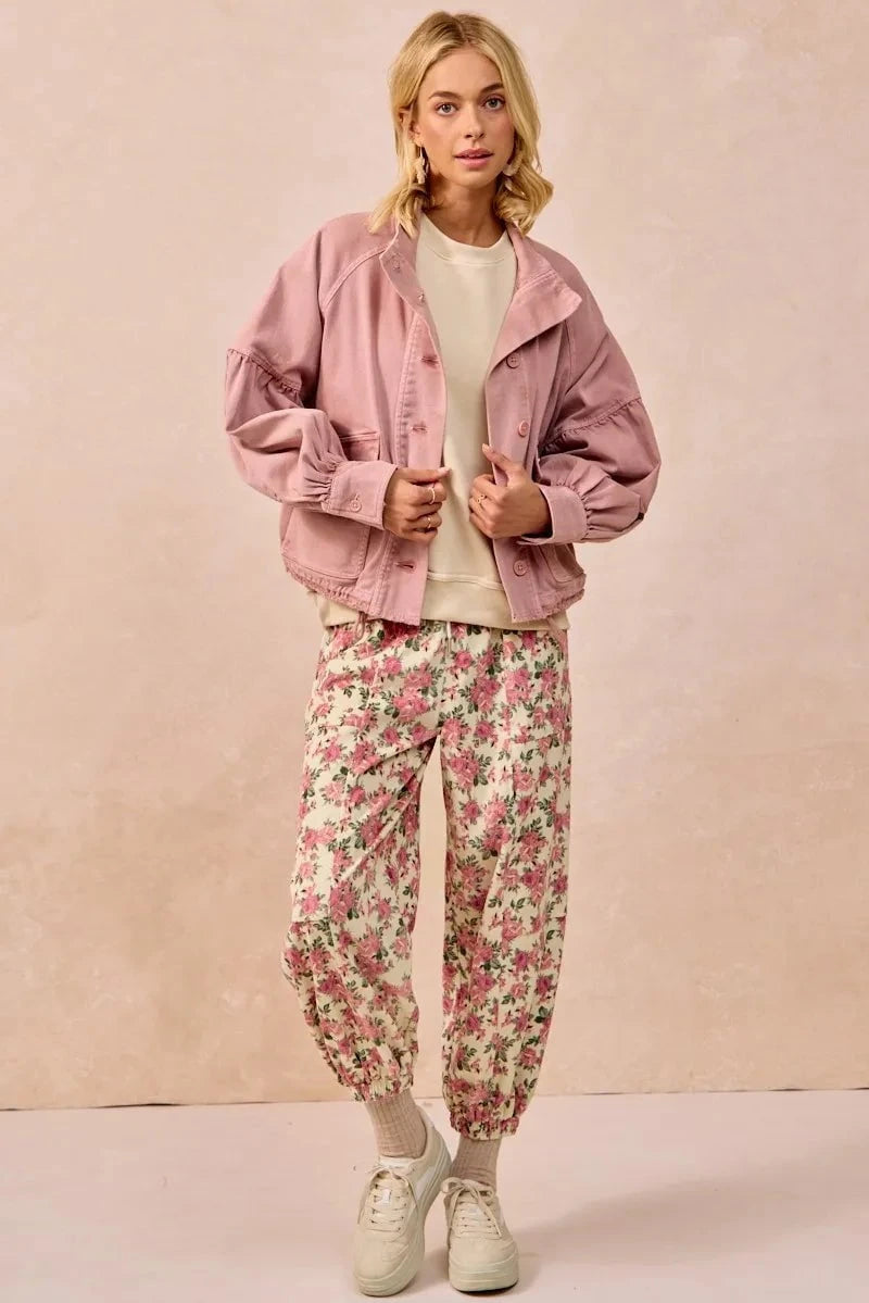 BiBi Floral Printed Twill Drawstring Pants With Elastic Band