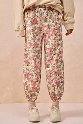 BiBi Floral Printed Twill Drawstring Pants With Elastic Band CREAM/PINK / S