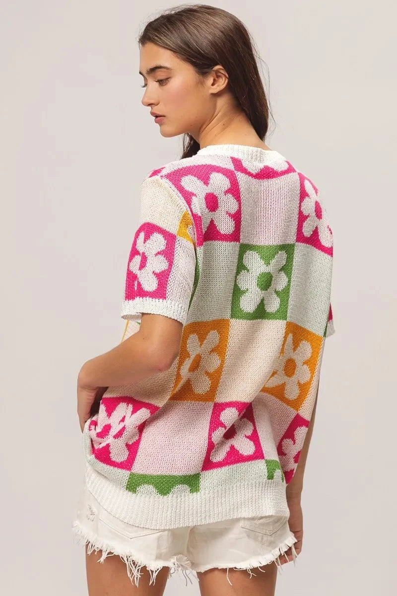 BiBi Flower Checker Pattern Lightweight Sweater Top