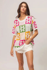 BiBi Flower Checker Pattern Lightweight Sweater Top