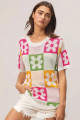 BiBi Flower Checker Pattern Lightweight Sweater Top