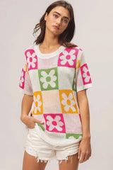 BiBi Flower Checker Pattern Lightweight Sweater Top