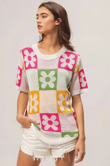 BiBi Flower Checker Pattern Lightweight Sweater Top