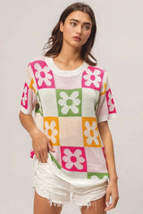 BiBi Flower Checker Pattern Lightweight Sweater Top