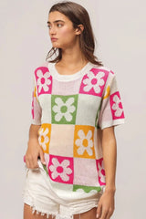 BiBi Flower Checker Pattern Lightweight Sweater Top