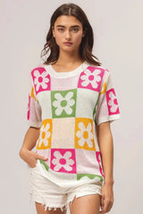 BiBi Flower Checker Pattern Lightweight Sweater Top