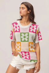 BiBi Flower Checker Pattern Lightweight Sweater Top