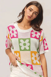 BiBi Flower Checker Pattern Lightweight Sweater Top IVRY/FUCH/OLIVE/MUST / S