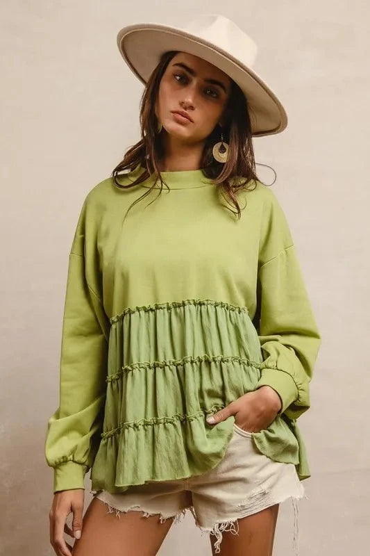 BiBi French Terry and Woven Mixed Tiered Top