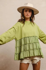 BiBi French Terry and Woven Mixed Tiered Top LT OLIVE / S