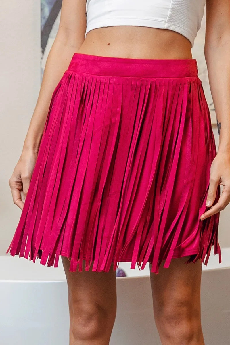 BiBi Fringe Detailed Suede Skirt FUCHSIA / S