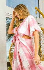 BiBi Front Tied Puff Sleeve Checkered Dress with Cut Out Detail