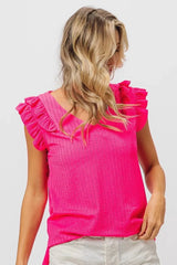 BiBi Layered Ruffles Armhole V-neck Rib Textured Top