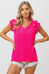 BiBi Layered Ruffles Armhole V-neck Rib Textured Top