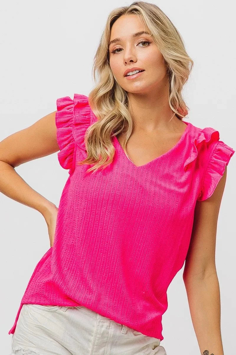 BiBi Layered Ruffles Armhole V-neck Rib Textured Top