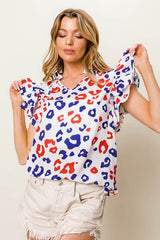 BiBi Leopard Notched Ruffled Cap Sleeve Blouse OFFWHT/RED/NAVY / S