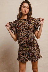 BiBi Leopard Print Waffle Texture Layered Ruffle Sleeve Top and Shorts Set