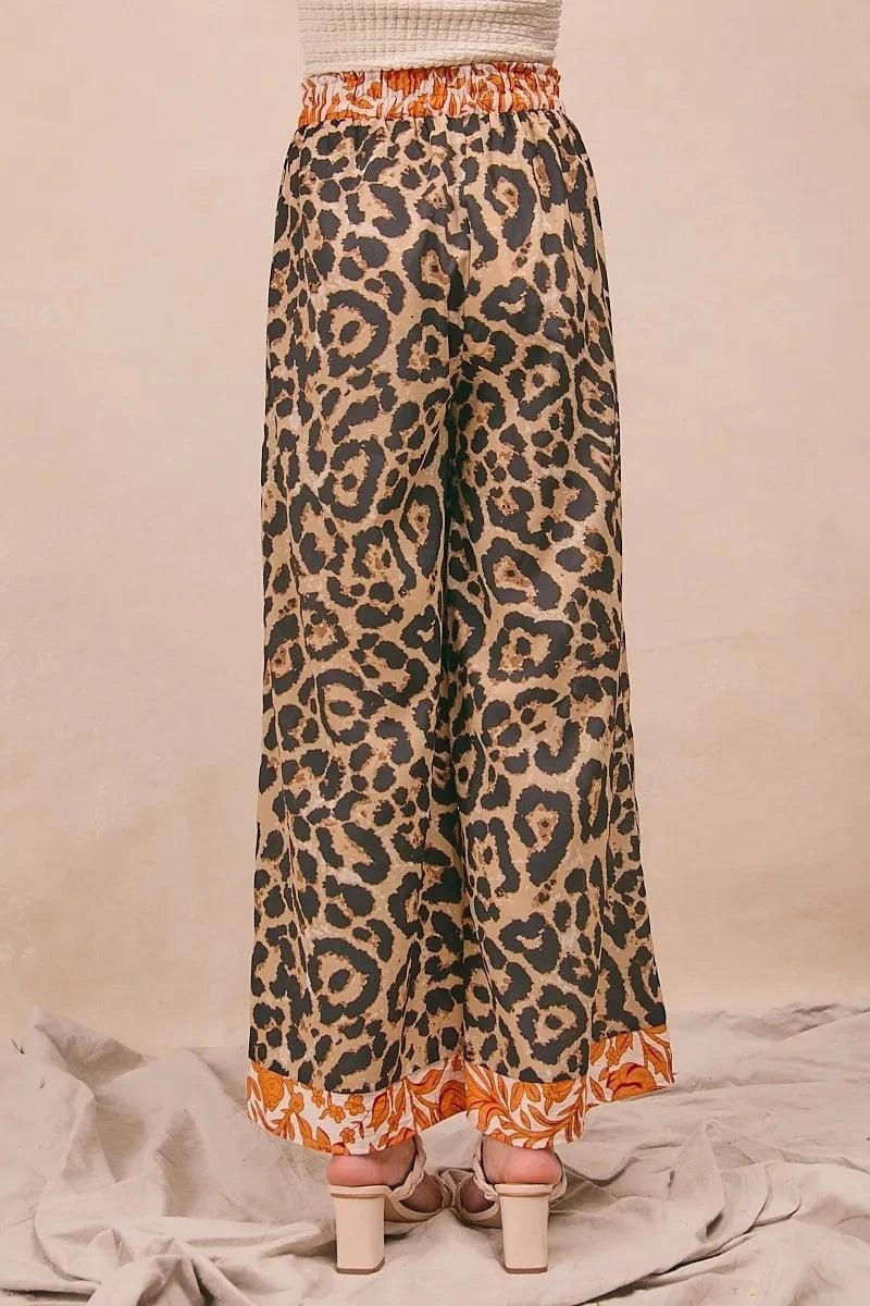 BiBi Leopard Print With Contrast Banded Wide Pants