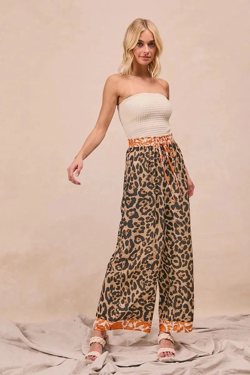 BiBi Leopard Print With Contrast Banded Wide Pants