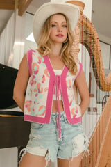 BiBi Leopard Sweater Vest With Front Tie and Scallop Detail