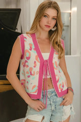 BiBi Leopard Sweater Vest With Front Tie and Scallop Detail