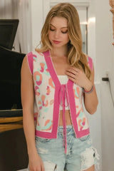 BiBi Leopard Sweater Vest With Front Tie and Scallop Detail