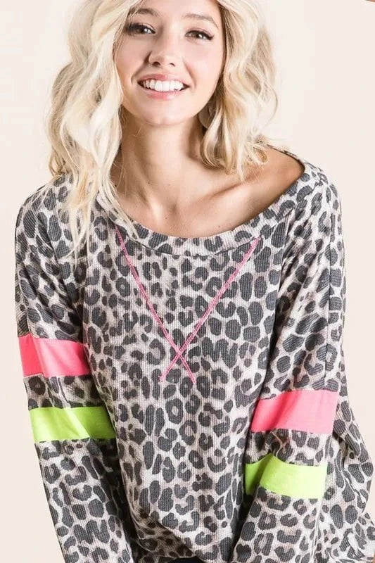 BiBi Leopard Thermal Top with Contrast Color Block
