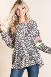 BiBi Leopard Thermal Top with Contrast Color Block N.PINK/N.GREEN / S