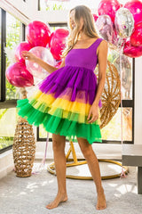 BiBi Mardi Gras Color Block Layered Mesh Tiered Dress
