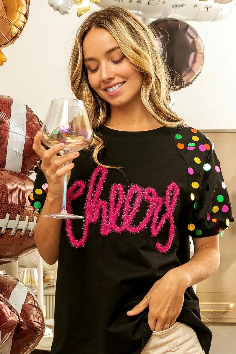 BiBi Metallic Letter Spangle Raglan Puff Sleeve Top