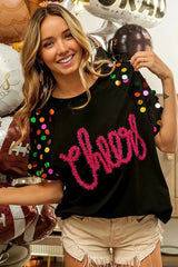 BiBi Metallic Letter Spangle Raglan Puff Sleeve Top