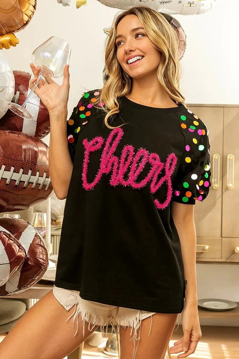 BiBi Metallic Letter Spangle Raglan Puff Sleeve Top