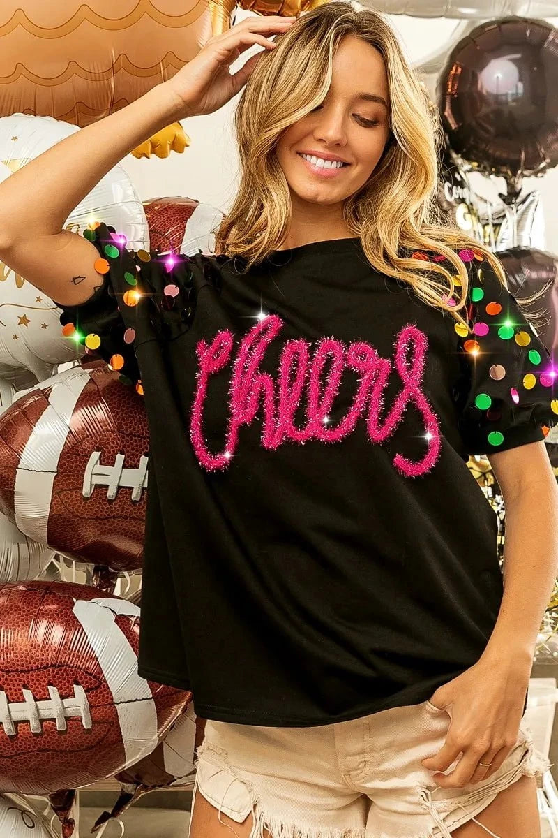 BiBi Metallic Letter Spangle Raglan Puff Sleeve Top BLACK / S