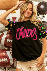 BiBi Metallic Letter Spangle Raglan Puff Sleeve Top BLACK / S