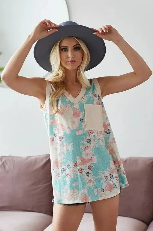 BiBi Multi Color Flower Printed Tank with Contrast Band