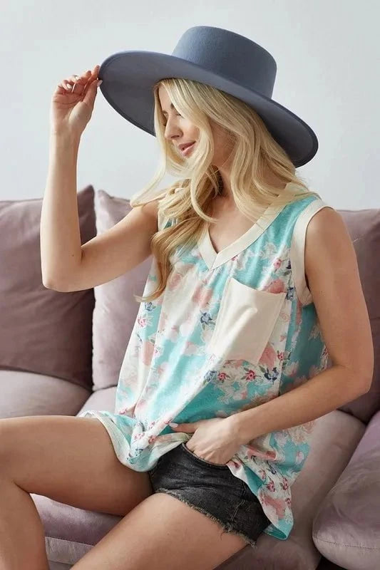 BiBi Multi Color Flower Printed Tank with Contrast Band