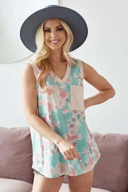 BiBi Multi Color Flower Printed Tank with Contrast Band