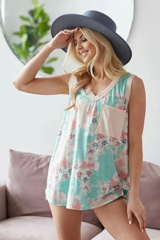 BiBi Multi Color Flower Printed Tank with Contrast Band MINT/CREAM / S