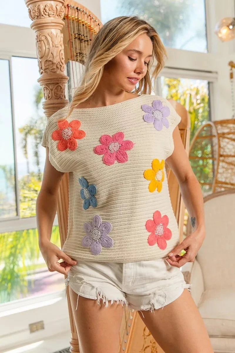 BiBi Multi Jeweled Crochet Flower Patch Sweater Vest