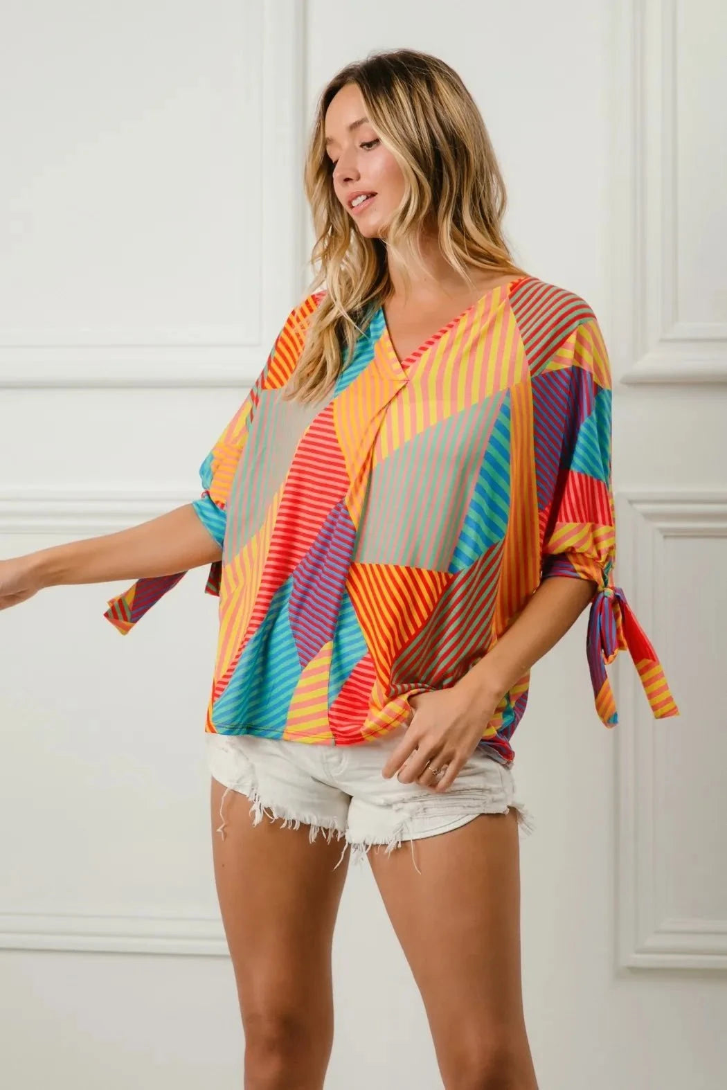 BiBi Multi Stripe Block Printed Jersey Blouse with Tied Sleeves