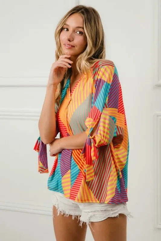 BiBi Multi Stripe Block Printed Jersey Blouse with Tied Sleeves